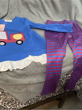 Girls Blue Fire Truck Pajama Set with Pink-Striped Pants